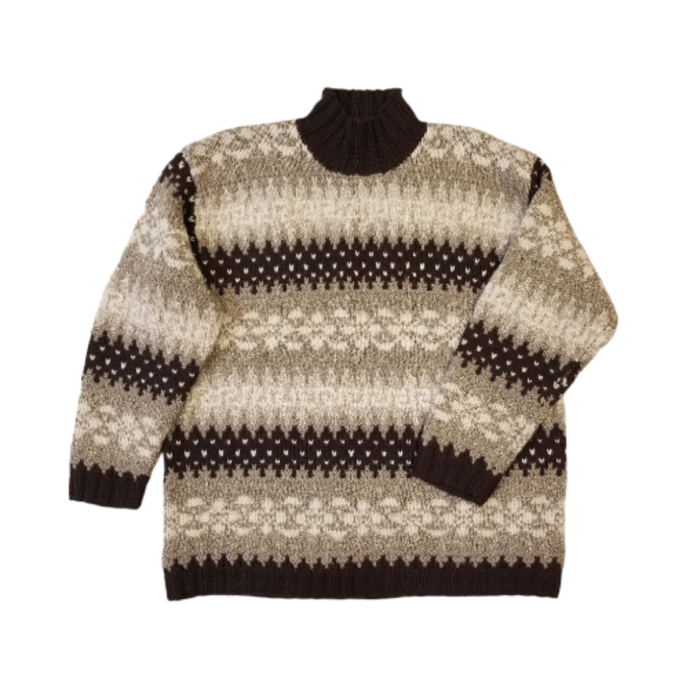 Vintage Jones NY Sport Hand Knit Fairisle Sweater Brown/Cream Sz PM Mockneck
